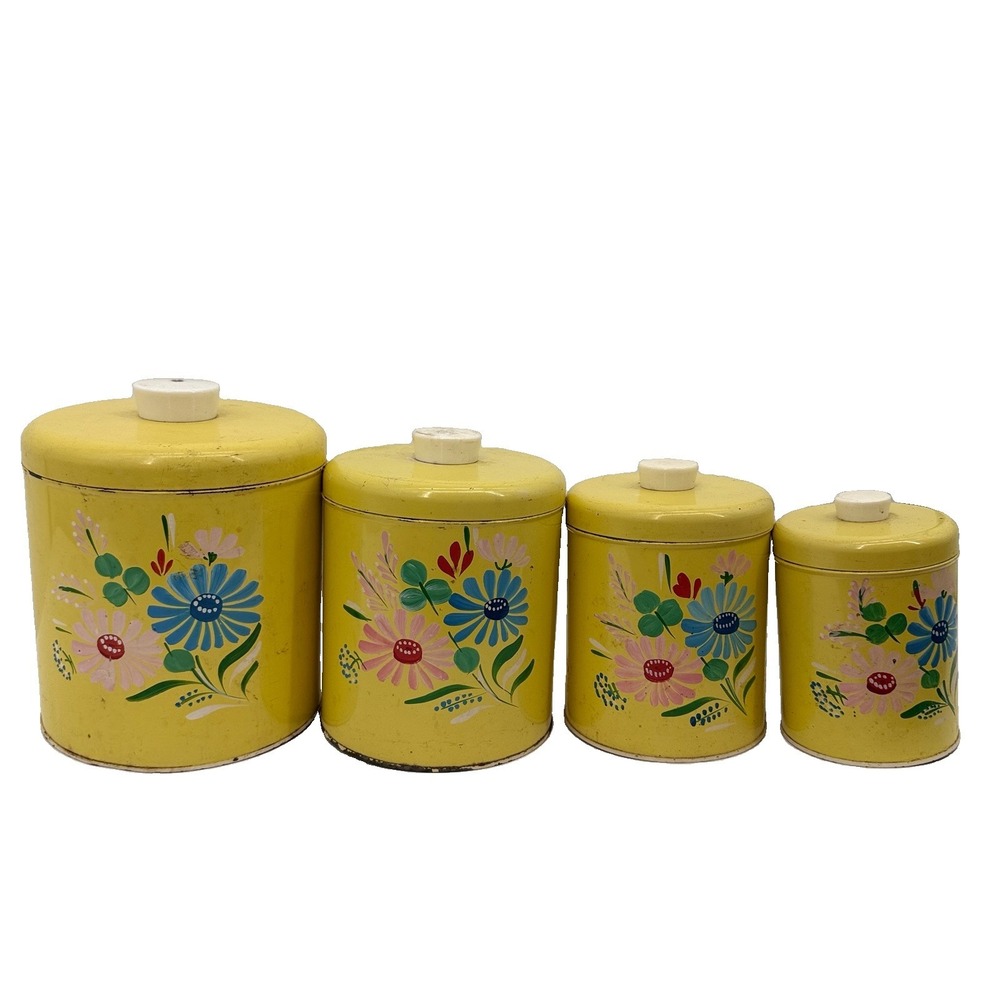 Ransburg Vtg Kitchen Metal Canisters Set of 4 Hand Painted  Yellow Flowers